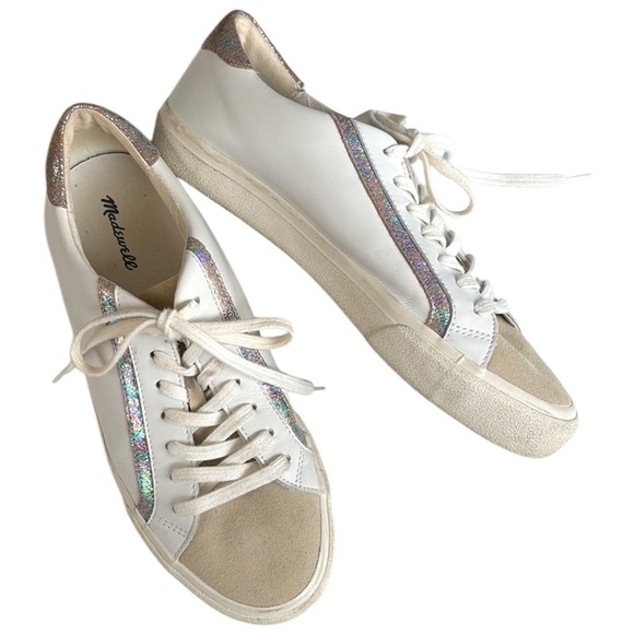 Madewell Leather Sidewalk Sneakers White Glitter Stripe Size 10 - Picture 1 of 7